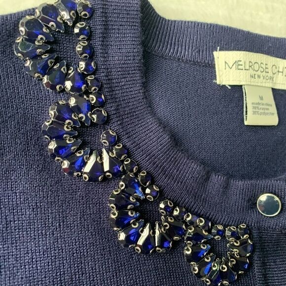 New Ladies Beaded Crewneck Cardigan In Navy - Picture 8 of 14